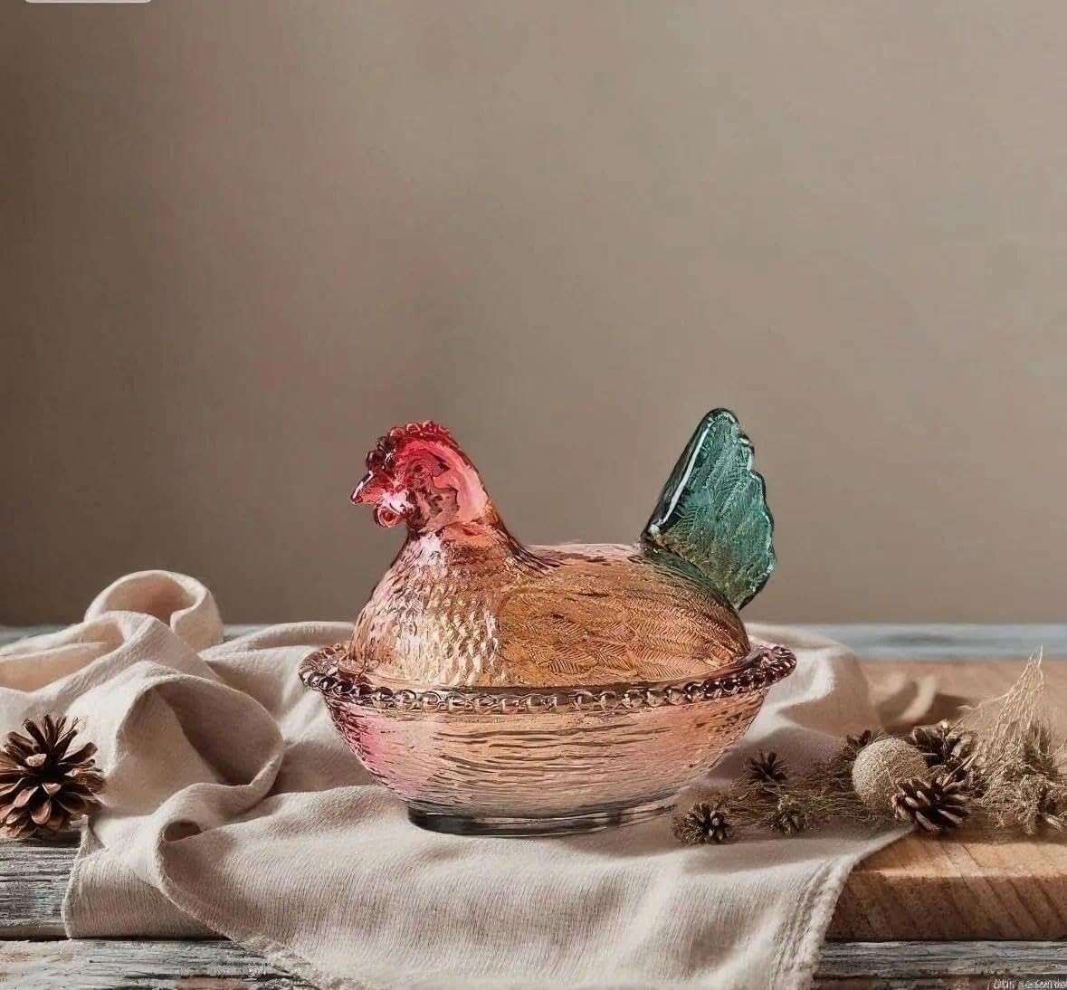 Rooster Decor Glass Candy Dish with Lid - Vintage Hen on Nest Style Large Sna...