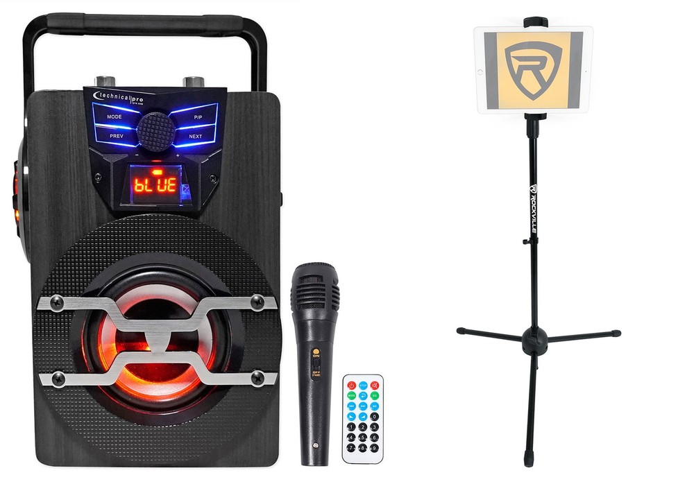Technical Pro WASP420 Bluetooth Karaoke Machine System w/LED's+Mic+Tablet Stand