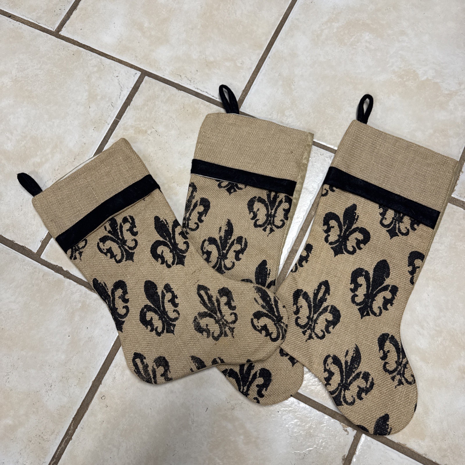3 Hobby Lobby Fluer Di Lis Christmas Stockings Burlap French Cajun Classic EUC