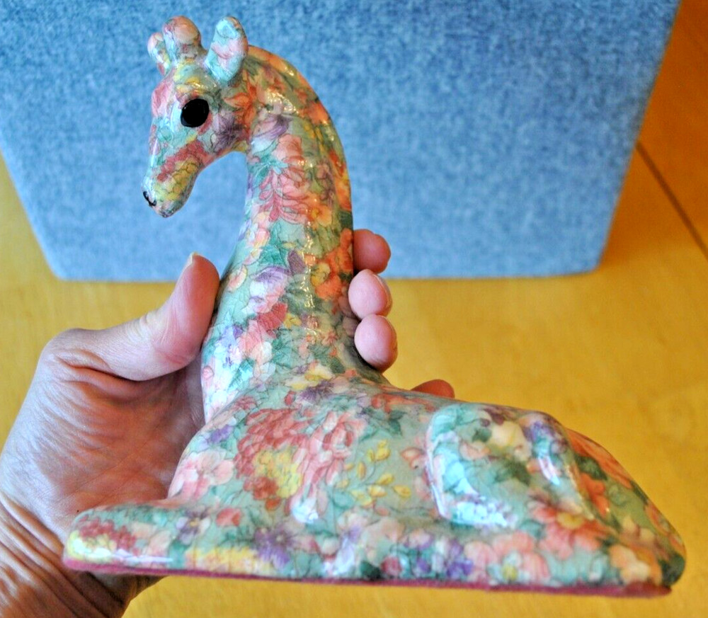 Vintage floral Patchwork decoupage pattern ceramic Art giraffe figurine