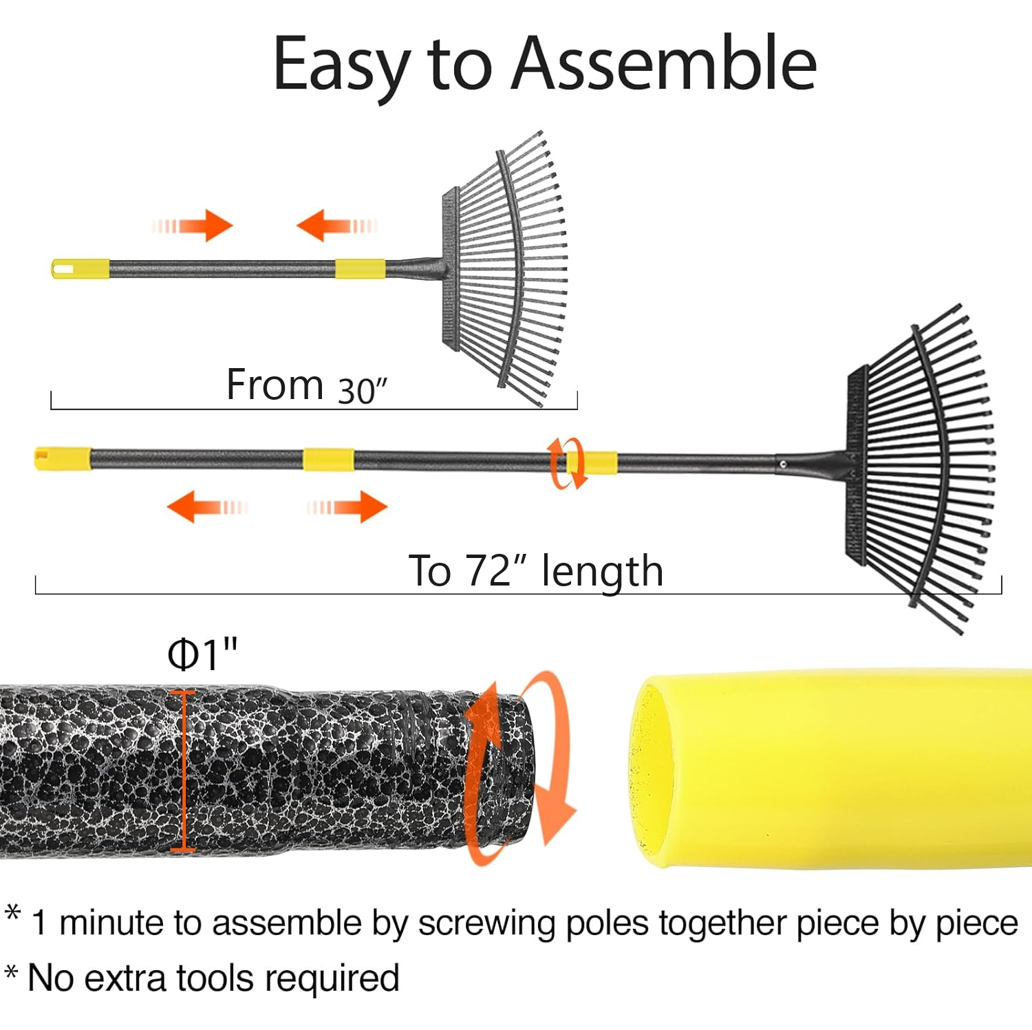 30~60" Long handle 25 Metal Tines Effective Rack for Yard Lawn Shrub tree Leaves