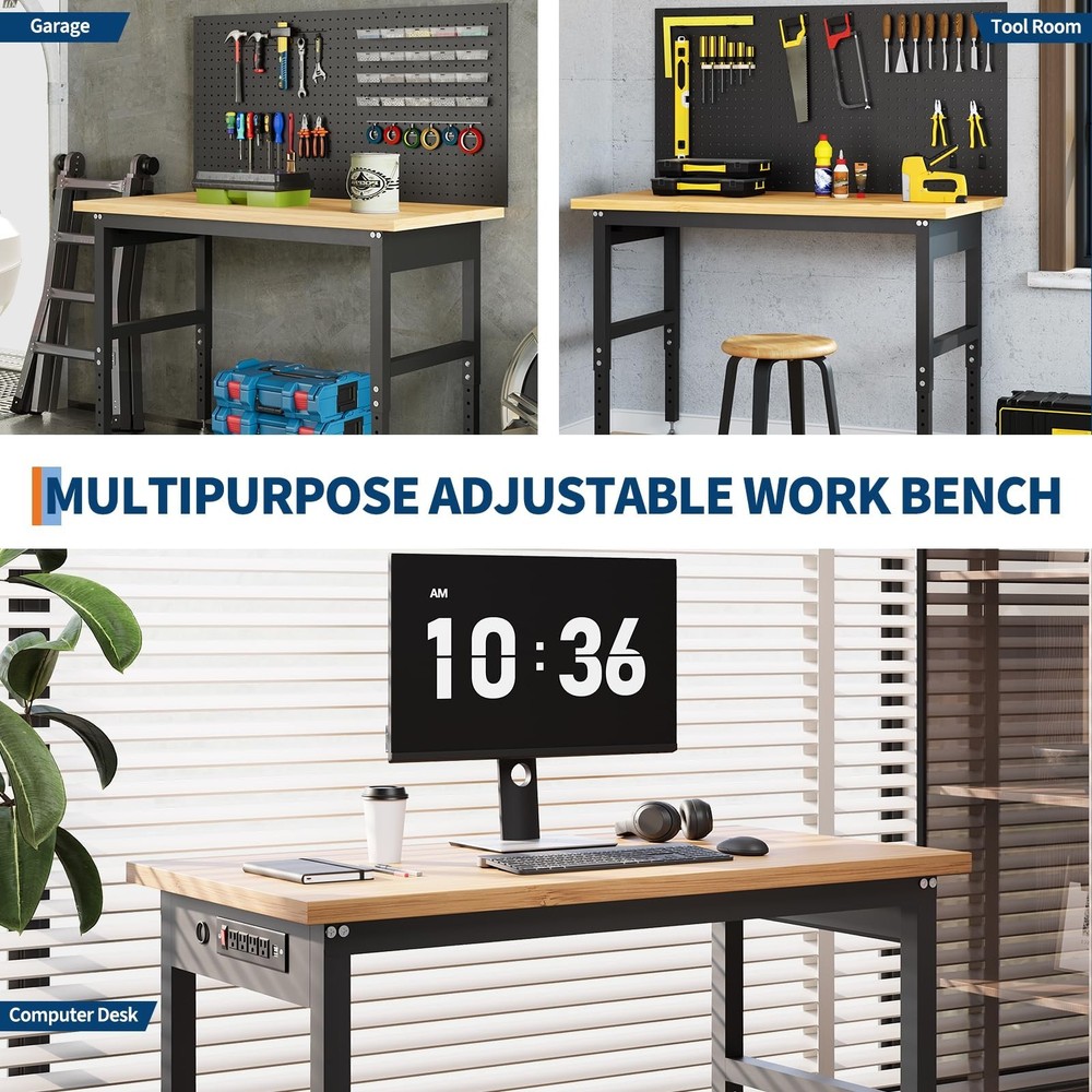 60" Adjustable Workbench with Pegboard Wall 2200lbs Garage Table 28-40" Height