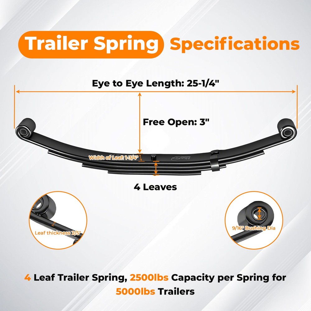 Trailer Leaf Spring 4 Leaf Double Eye 2500lbs Cap for 5000lbs Axle -Set 2