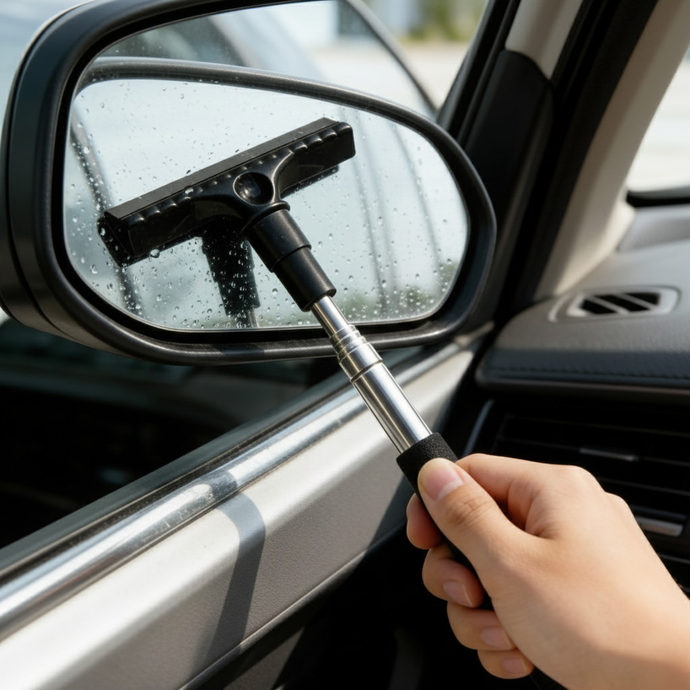 Multifunctional Car Rearview Mirror Extendable Wiper Snow Ice Scraper Black 1pc