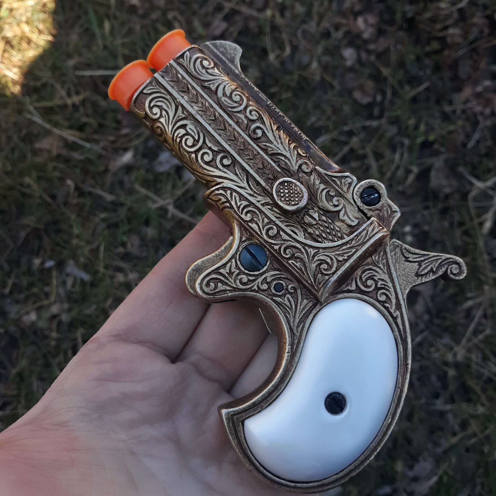 Denix Replica Non-Firing 1866 Double Barrel Derringer Brass Construction & Grips