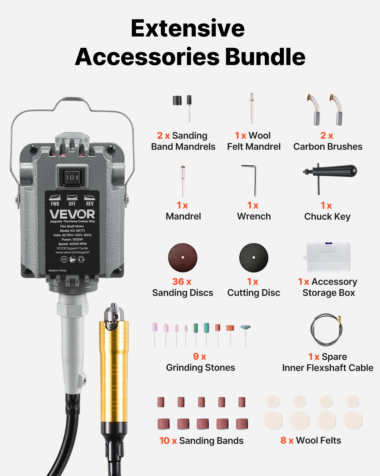 VEVOR Flex Shaft Grinder 1000W 30000RPM Flex Shaft Rotary Tool 74PCS Accessories