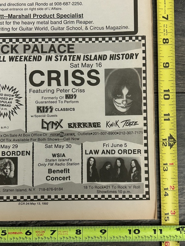 KISS Concert Ad Advert PETER CRISS Tour May16 1992 Rock Palace NY Vintage Kiss E