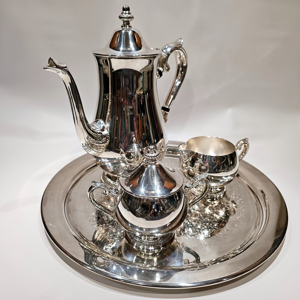 Reed & Barton S2600 Silver Plate Coffee Pot Creamer Sugar Bowl Lid Set with Tray