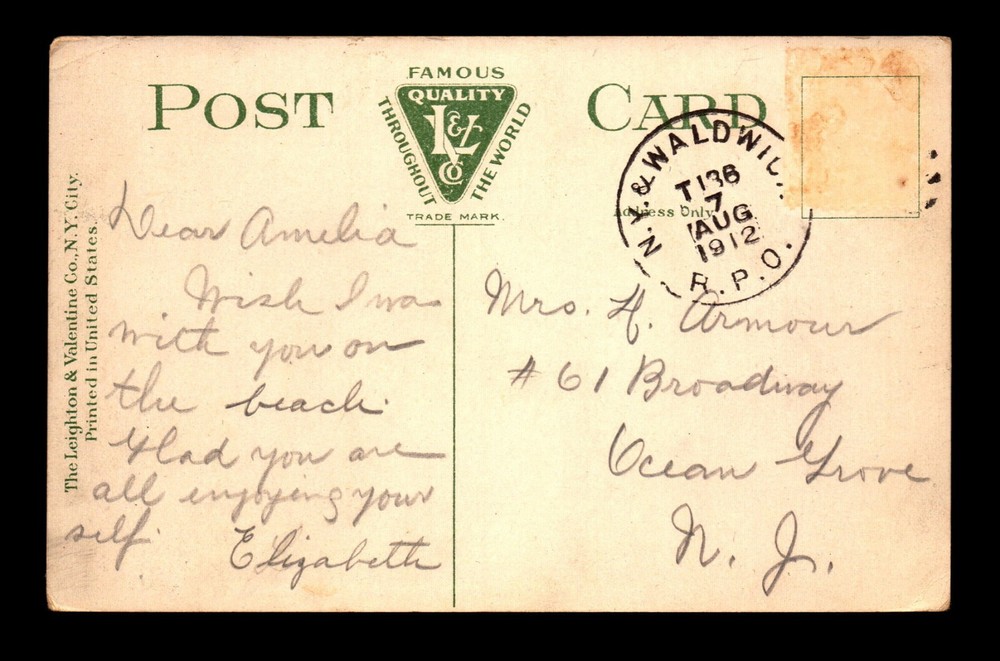 1912 NY & Waldwich RPO Card - L20006