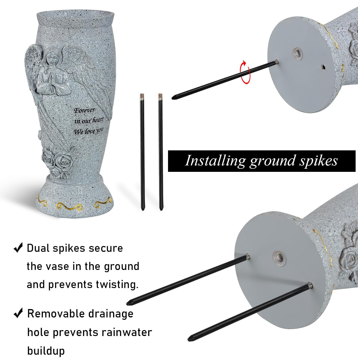 Cemetery Vase Memorial Grave Vase with Ground Spikes Angel Vases for Fresh/