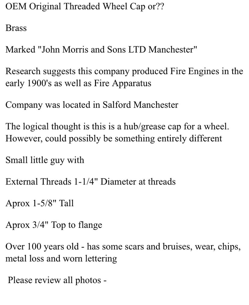 John Morris and Sons LTD Manchester Threaded Hubcap Fire Engine External Thread
