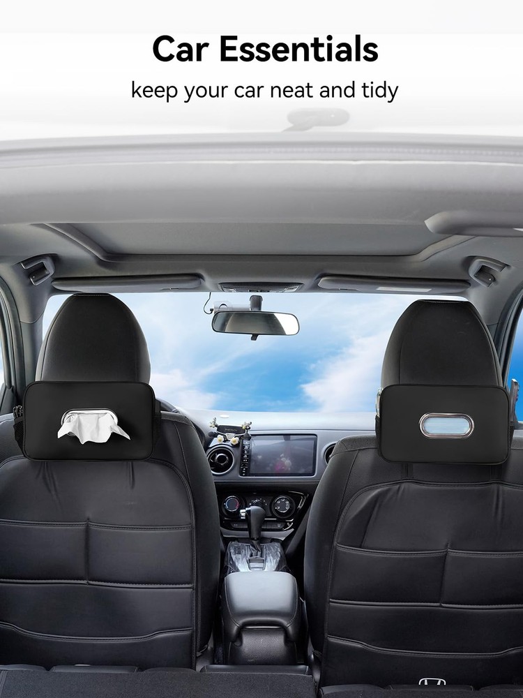Multi-Functional Car Tissue Holder with Tuck Nets, PU Leather Organizer, Black