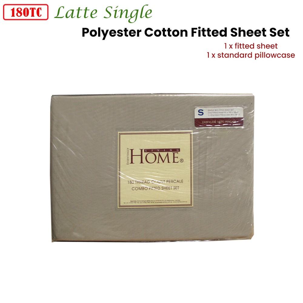 180TC Latte Polyester Cotton Fitted Sheet Set Single 36cm Wall