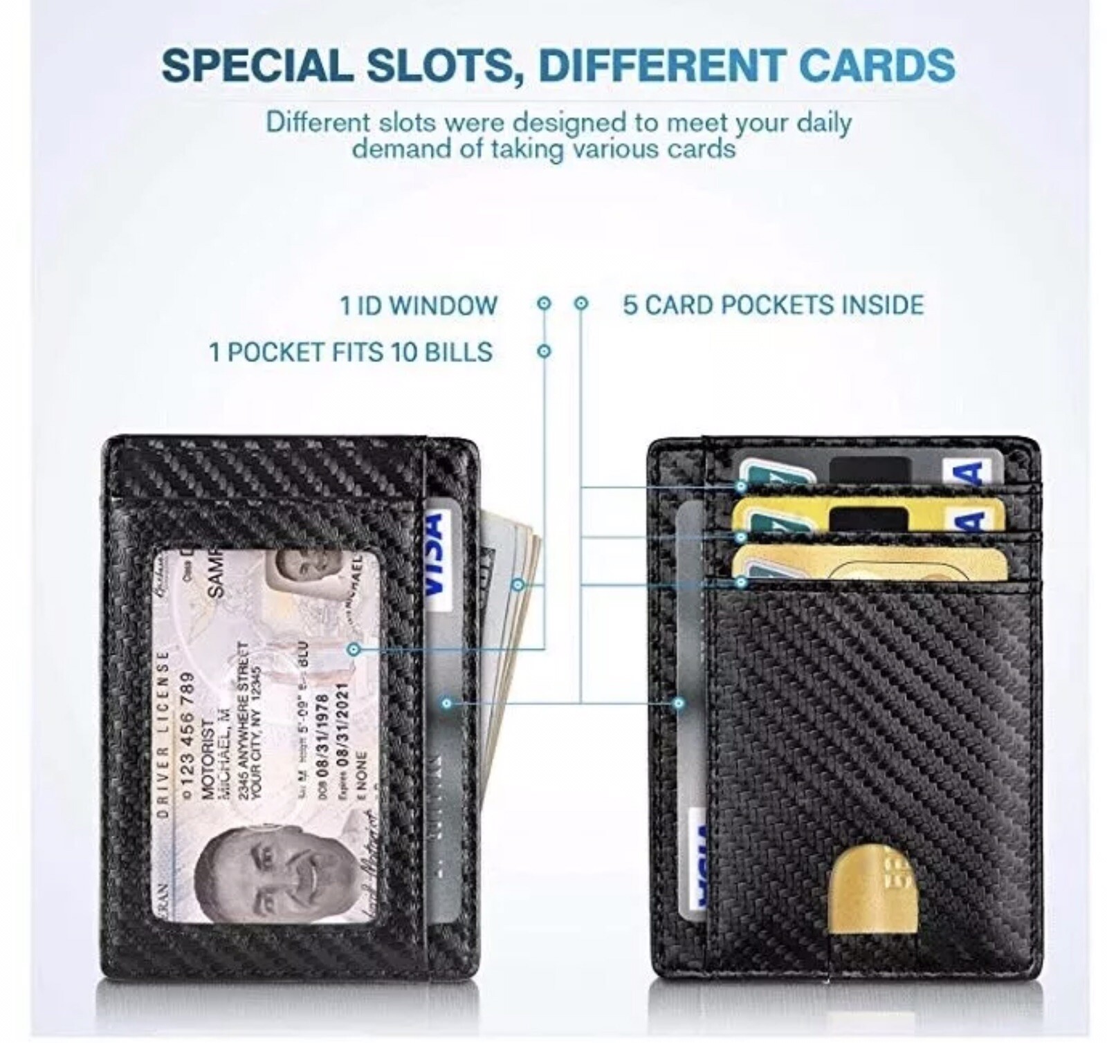 Front Pocket Minimalist Carbon Fiber Slim Wallet RFID Blocking Credit Card