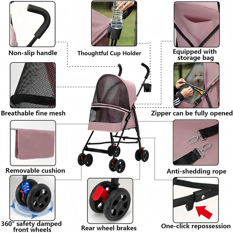 Durable Cat Stroller W/ 180° Panoramic Window Small Pets Easy Foldable New