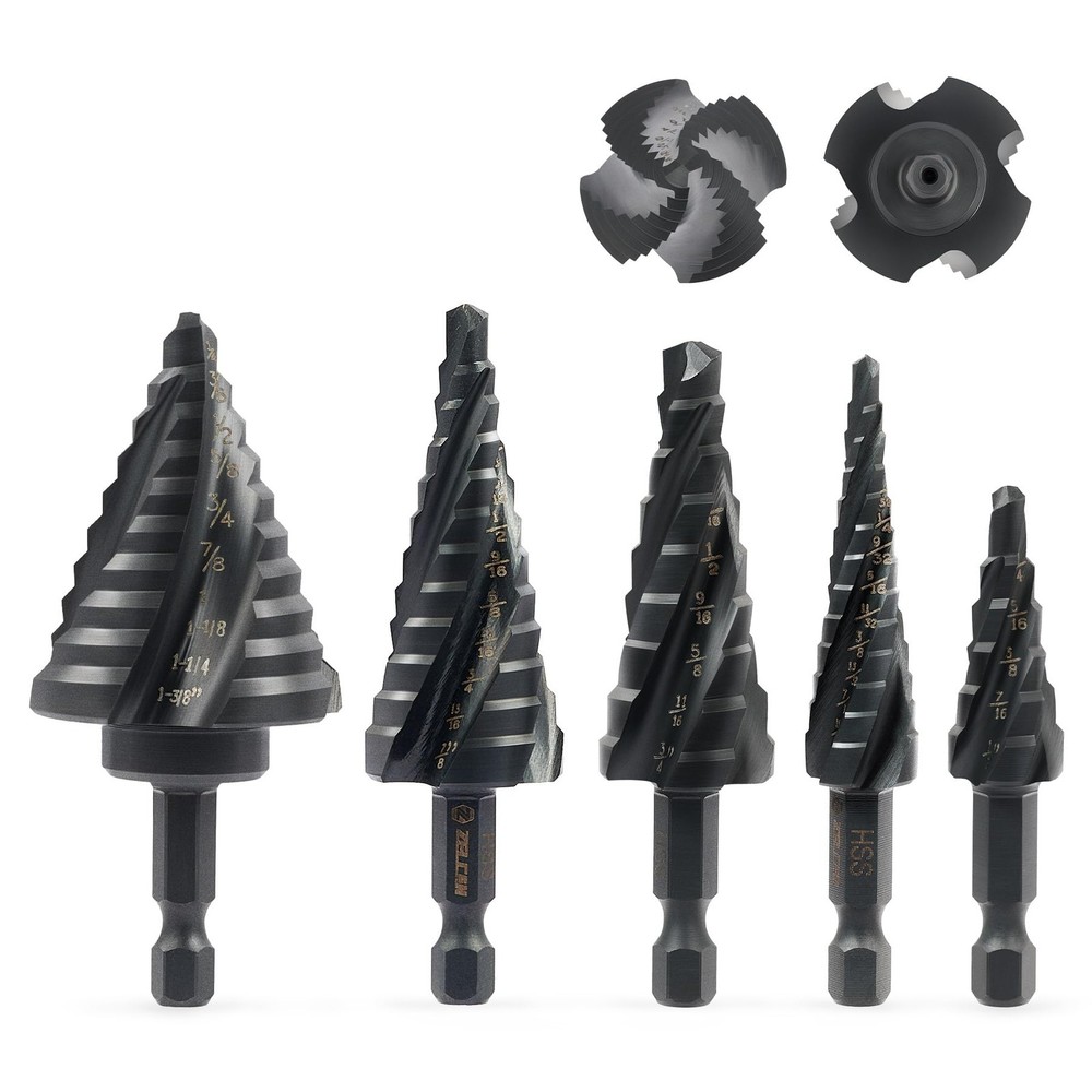ZELCAN Step Drill Bit Set, 5PCS Four Spiral Flute Bits for New Set
