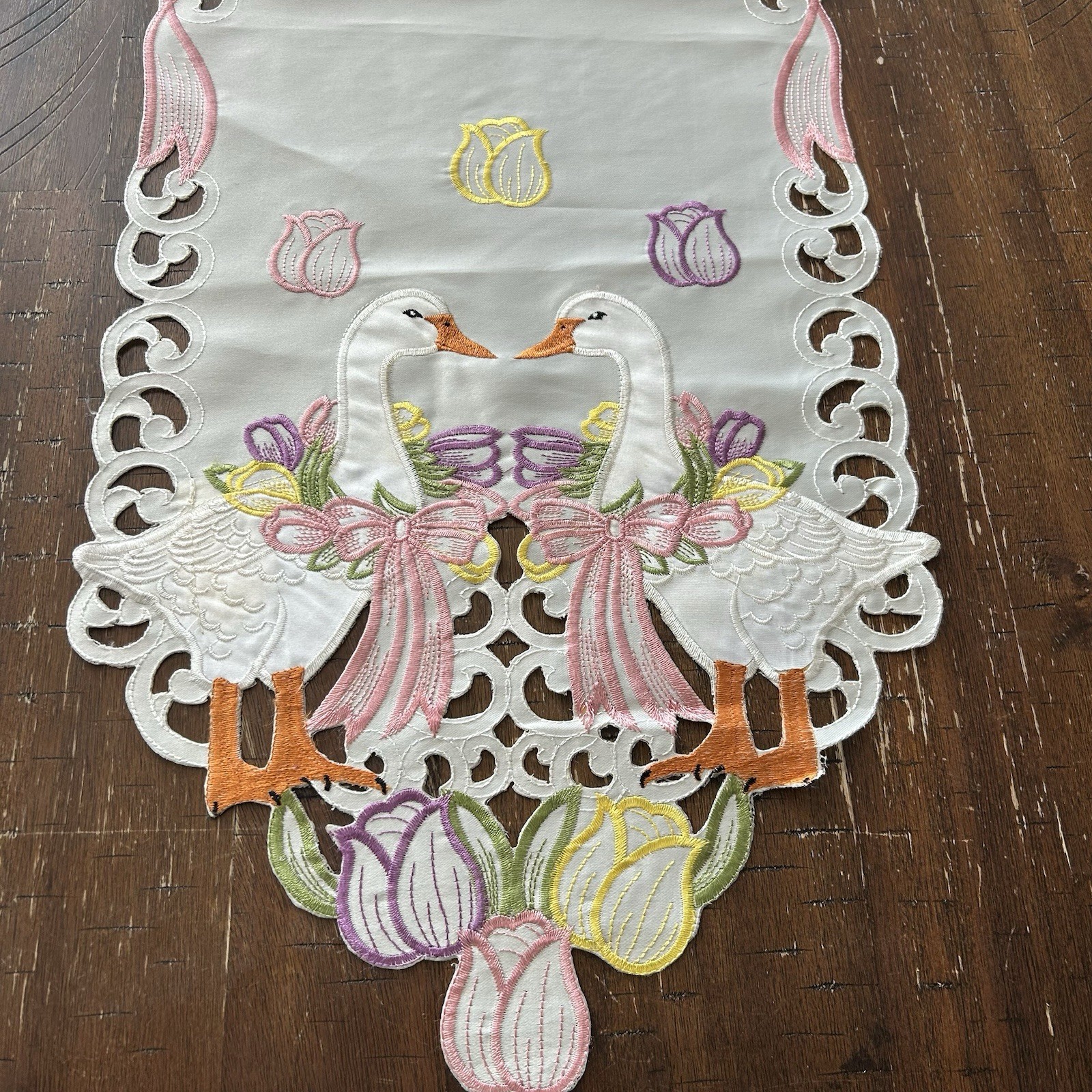 Spring Table Runner 68” Geese Embroidered Tulips Outwork Pink Bows