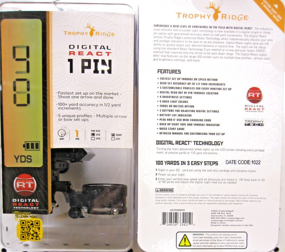 Trophy Ridge Digital React 1 Pin .019, RH, Slider Bow Sight-New