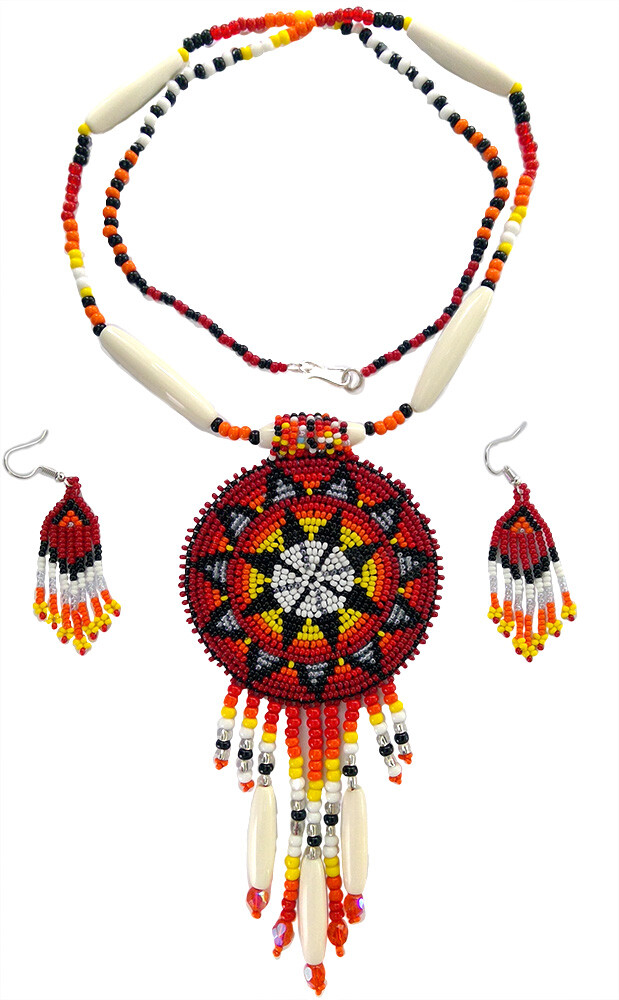 HANDCRAFTED ETHNIC ARTISAN RED MEDALLION CHUNKY BEADED NECKLACE EARRINGS SET