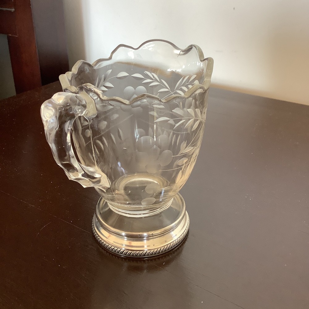 Vintage Etched Glass Syrup Pitcher with Sterling Base (Gadroon pattern)