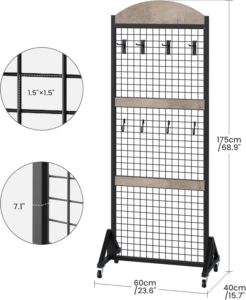 Movable Grid Wall Panel Display Rack with Wheels & Hooks - Greige/Black