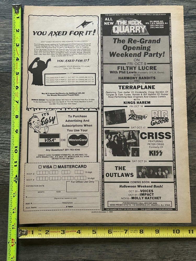 KISS Concert Ad Advert PETER CRISS Oct 17 1992 The Rock Quarry NJ Vintage Kiss B