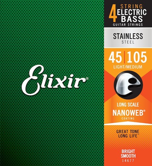 Elixir 14677 Nanoweb Coated Stainless Bass Guitar Strings; long scale 45-105