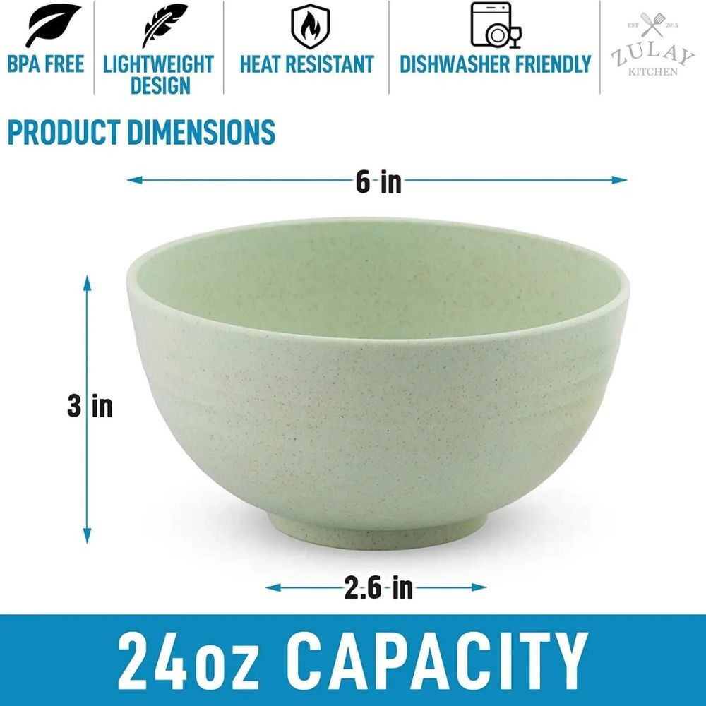 Zulay 24oz Unbreakable Wheat Straw Plastic Cereal Bowls Set of 4