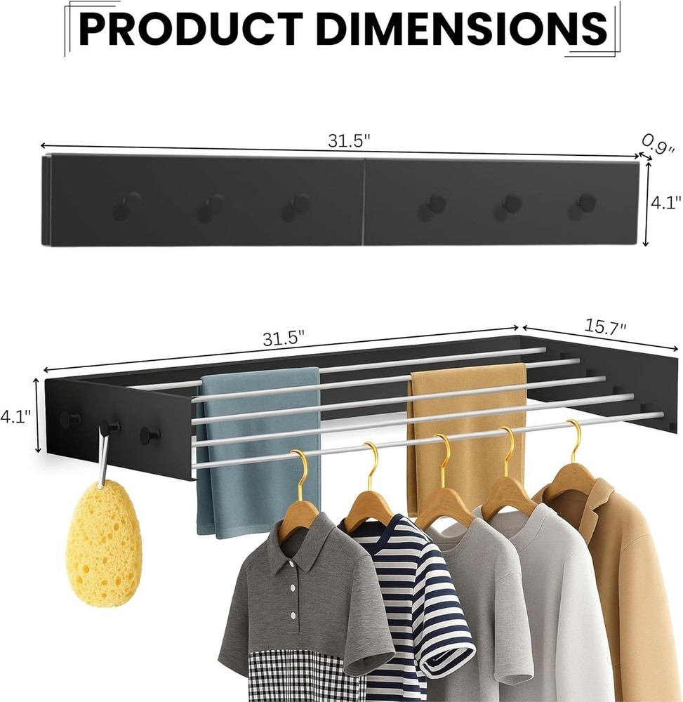 31.5" Wall Mounted Drying Racks for Laundry Retractable Clothes Rack - black