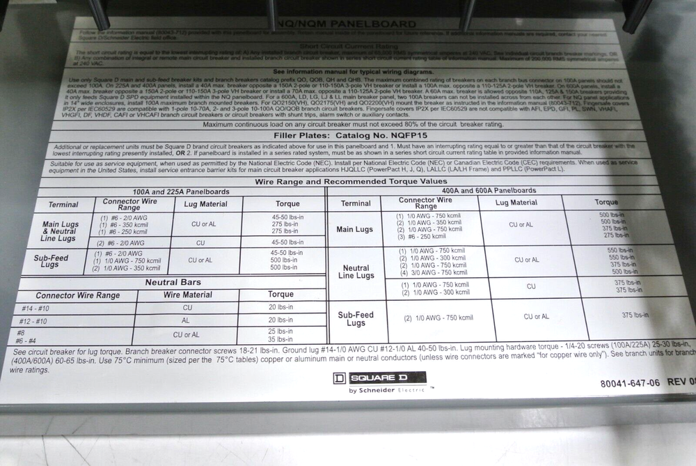 Square D Panel Box 120/240V 1Ph 3W 60Hz 100A