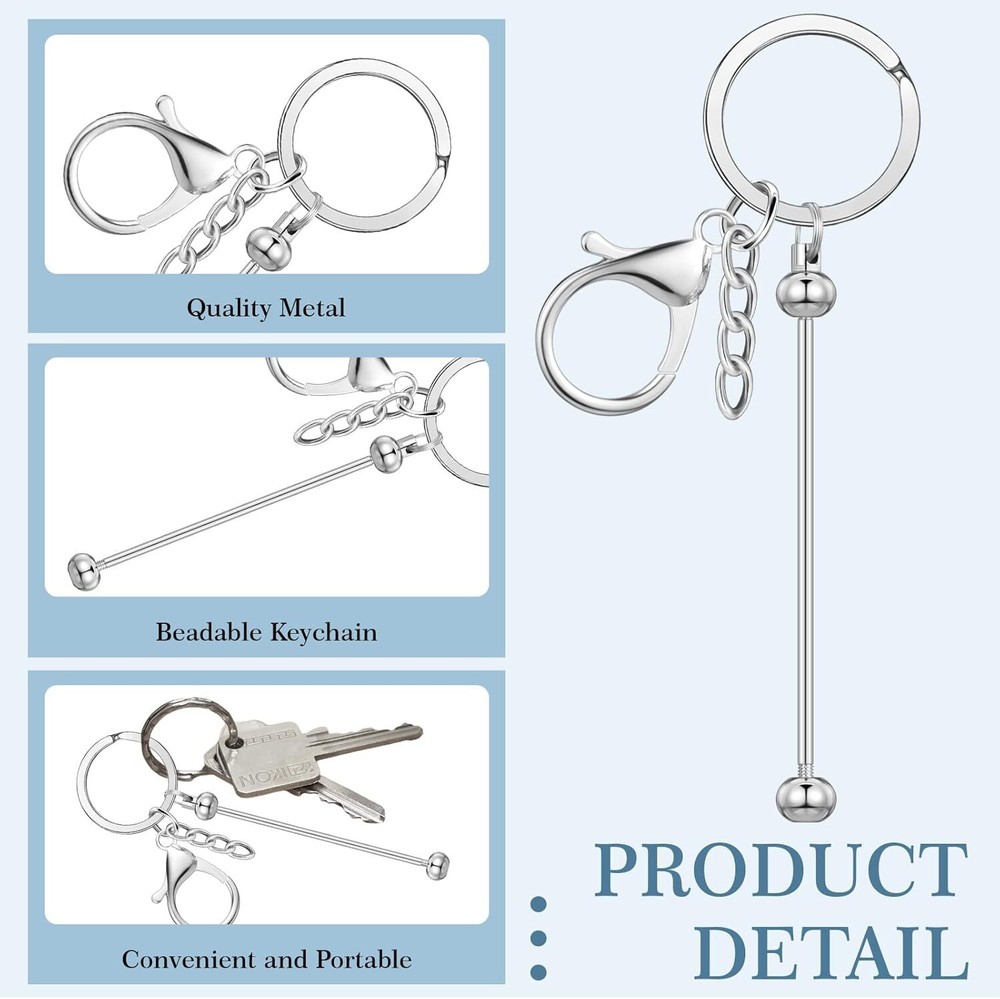 6 Pcs Beadable Keychain Bars Blanks Bead Metal Beaded Silver