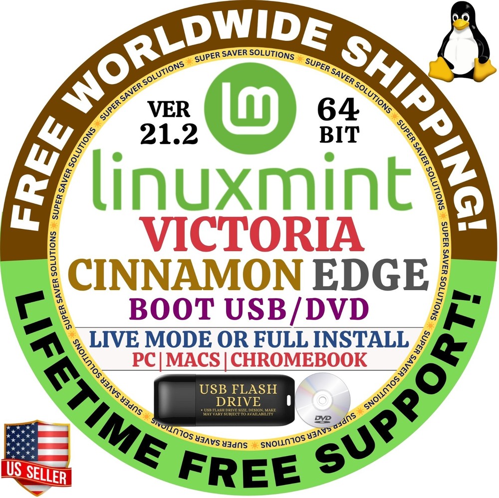 Linux MINT 21.2 USB VICTORIA Cinnamon Edge 64-Bit Live Boot, Install for MAC, PC