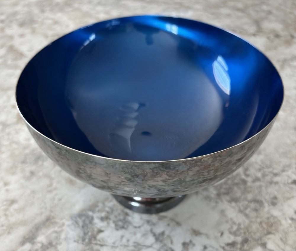 VTG. Wallace Color Clad Oval Bowl Deep Blue Interior MCM Silver Played