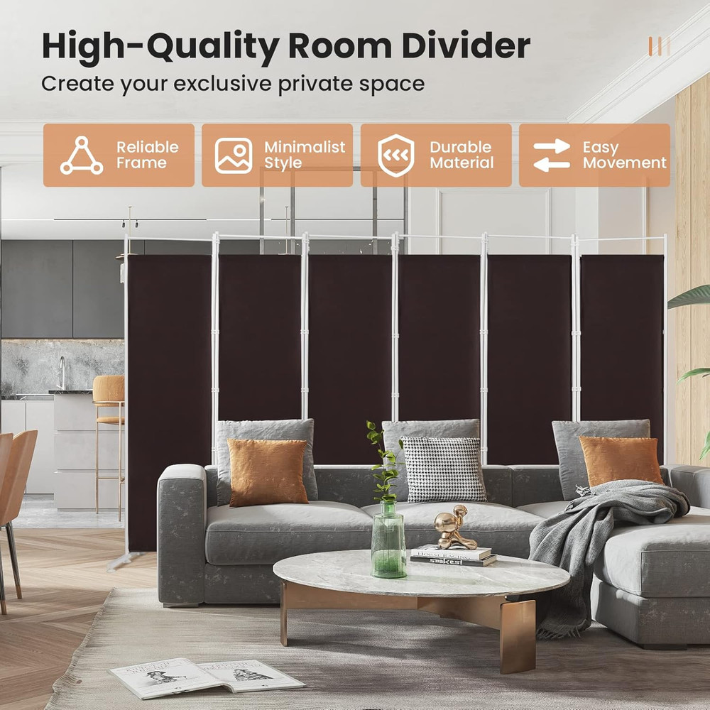 6 Ft Folding Room Divider - 6 Panel Freestanding Privacy Screen (Brown)