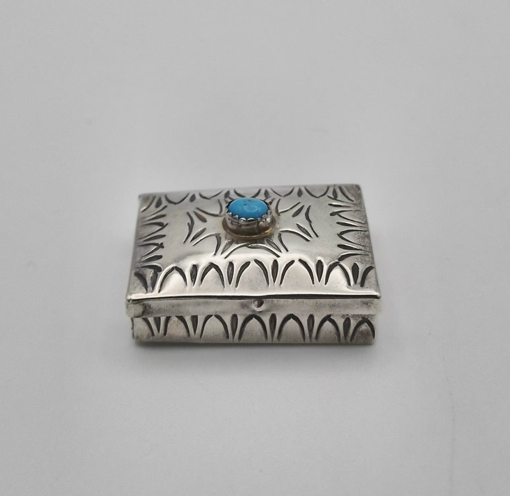 Vintage Sterling Silver Pill Box Rectangular Engraved Blue Turquoise 14.3g