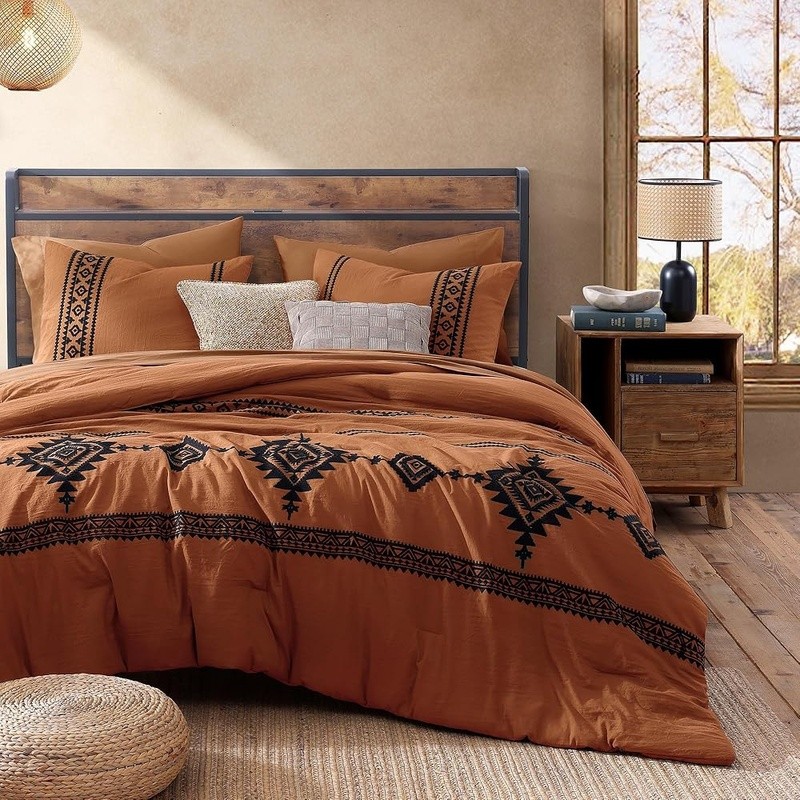 King Size 7 Piece Comforter Set Soft Polyester Boho Embroidery Farmhouse Bedding