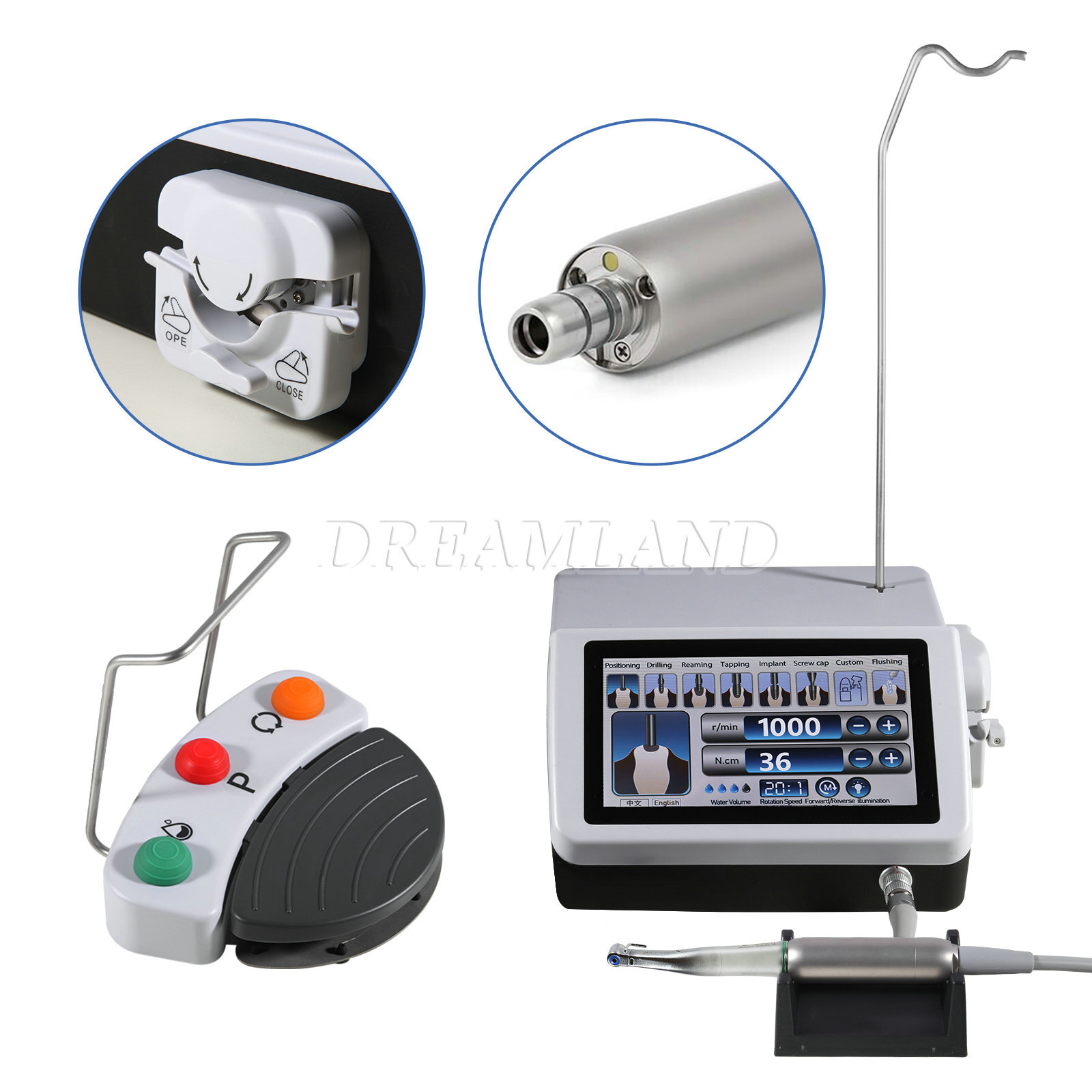 Dental Surgical Implant Motor Touch Screen w/ LED Fiber Optic 20:1 Contra Angle