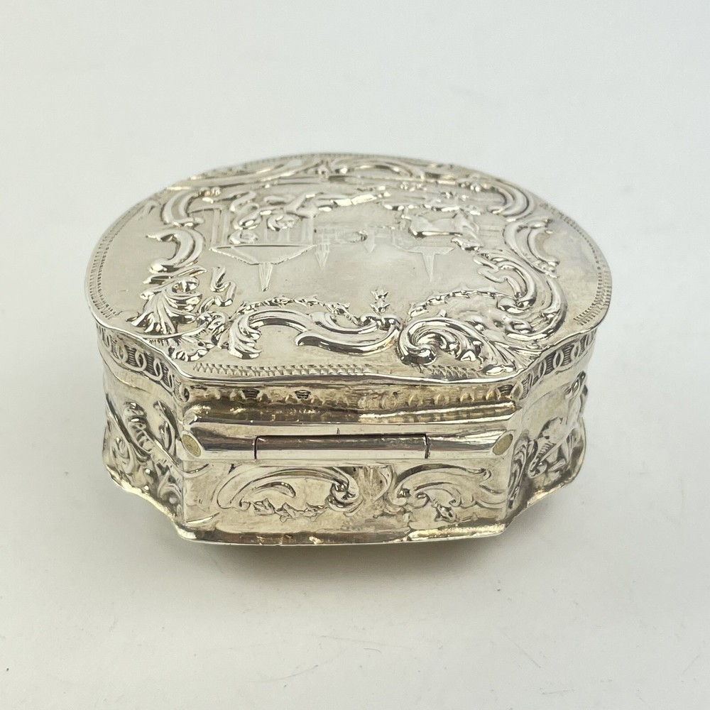 Antique Dutch Solid Silver Embossed Trinket Box 6cm x 5cm Shell Shaped