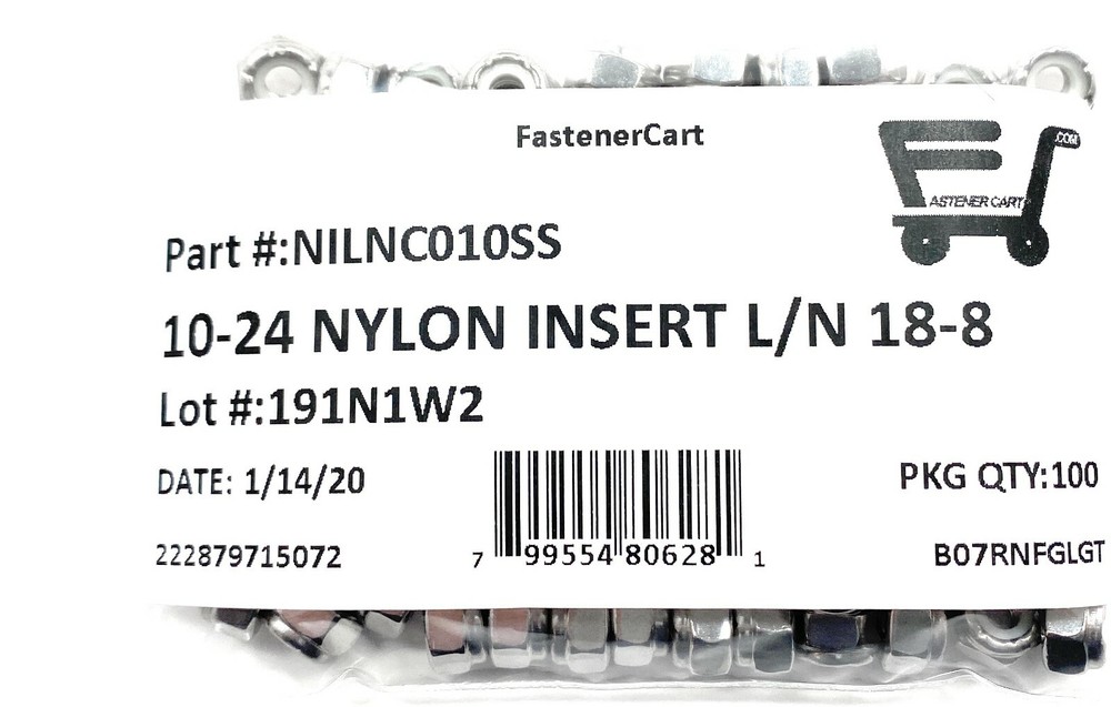 (100) 10-24 Stainless Steel Nylon Insert Lock Nuts - Locking Hex Nuts 10-24