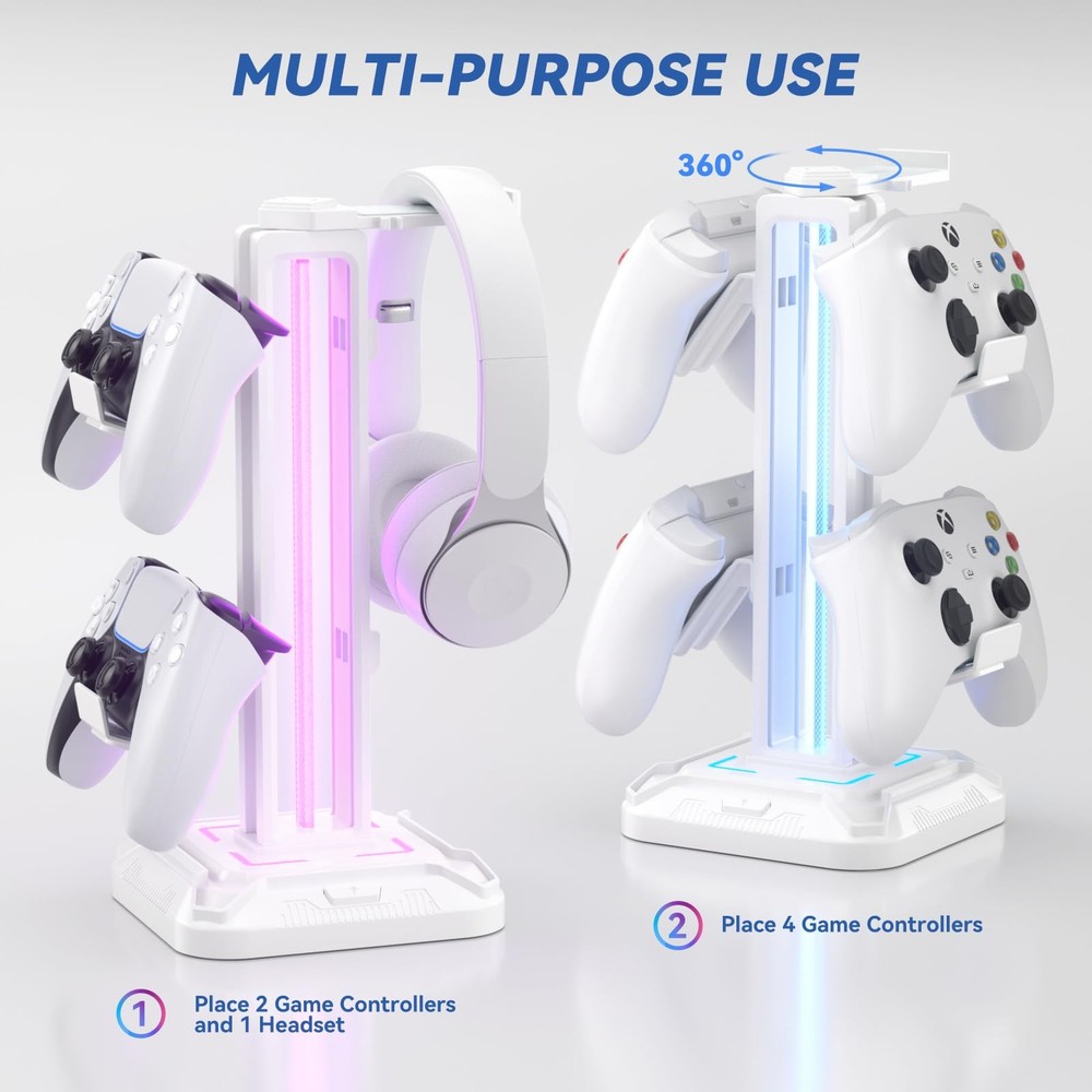 RGB Headset Stand with 9 Light Modes - Controller Holder for Desk - Rotatable...