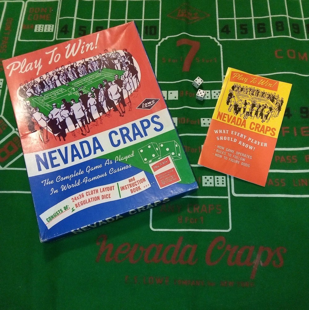 Vtg. E.S. Lowe Nevada Craps Layout Cloth, Dice, Book.