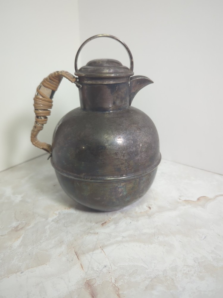 Vintage Sheffield Silver Plated Tea Pot Leaf tea strainer Bamboo Wrap Handle USA