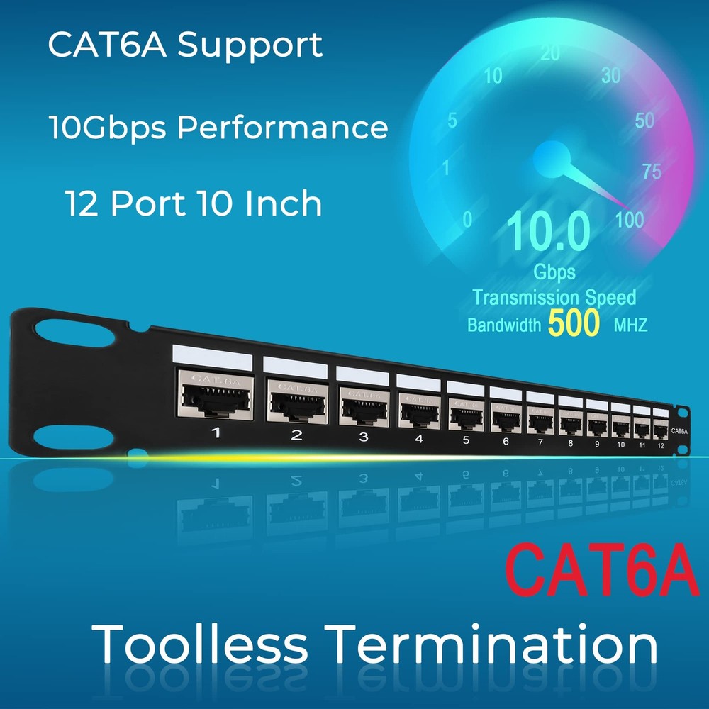 Mini 12 Port Cat6A Patch Panel with Inline Keystone 10G Support, Shielded 10-...