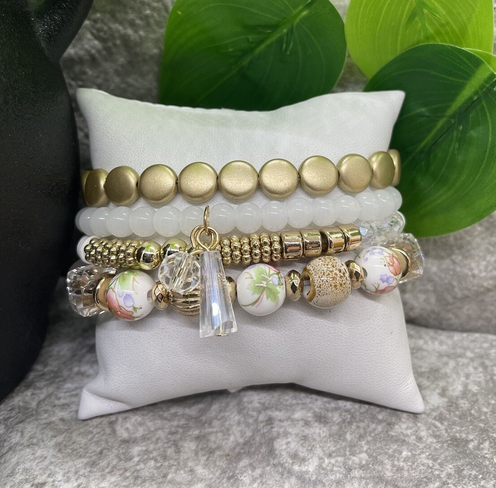 4 PC Handmade Boho Beaded Stackable 6.25” Plus Stretch Bracelet Set New B1169