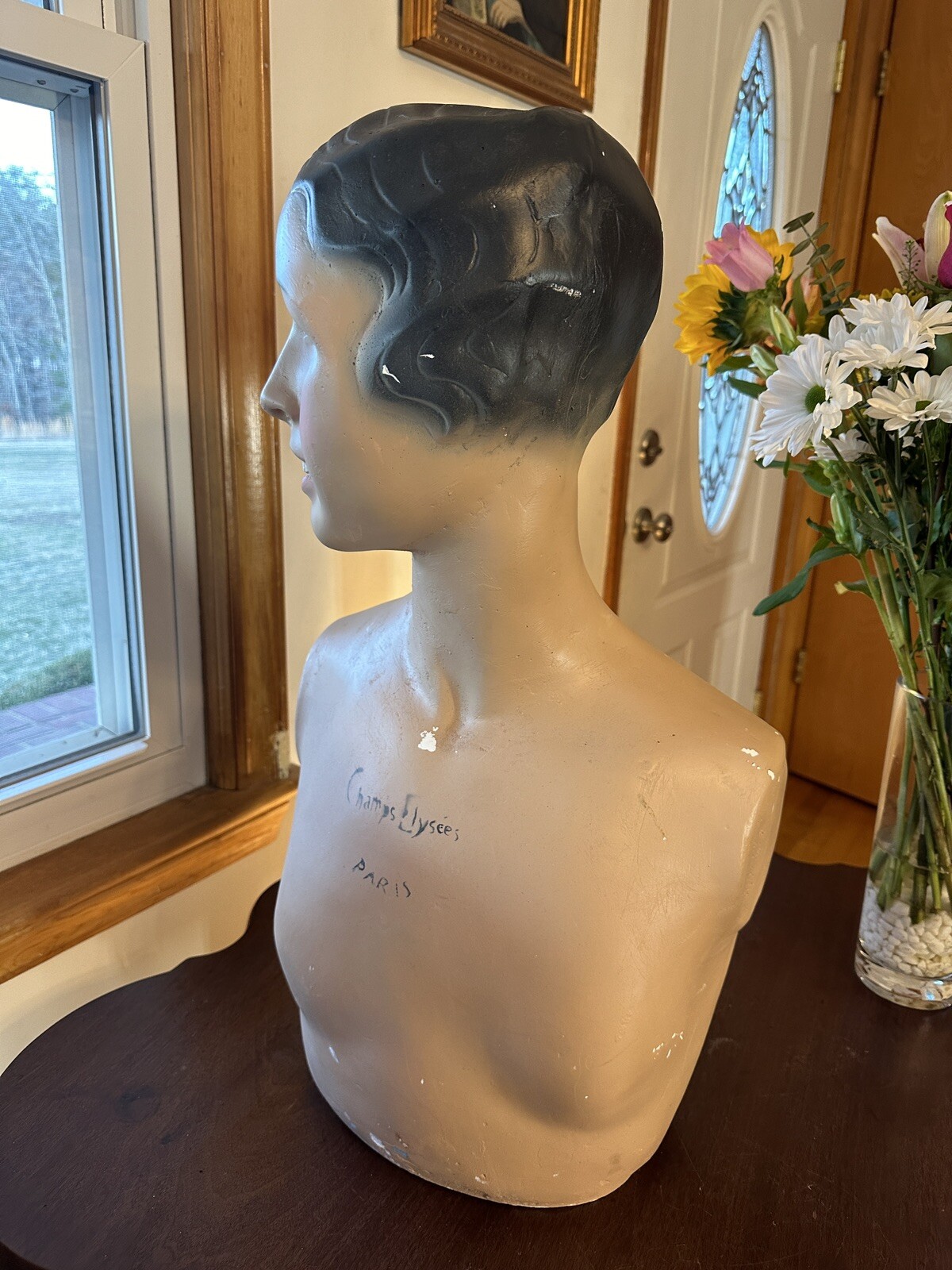 Vintage French Paris Lady Woman Hat Bust Head Champs Elysees Mannequin Plaster