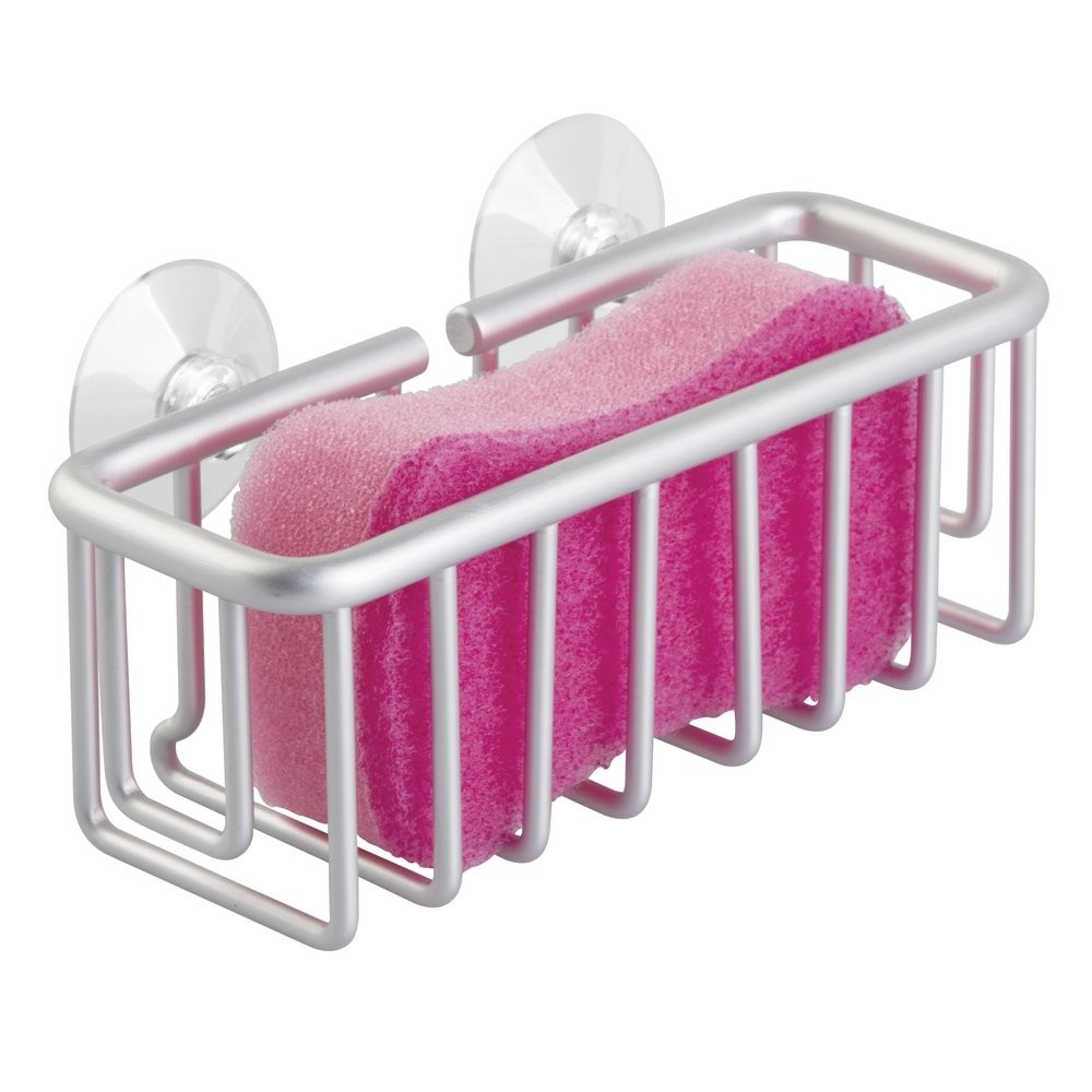 iDesign Metro Rustproof Aluminum Suction Sponge Holder for Kitchen Silver