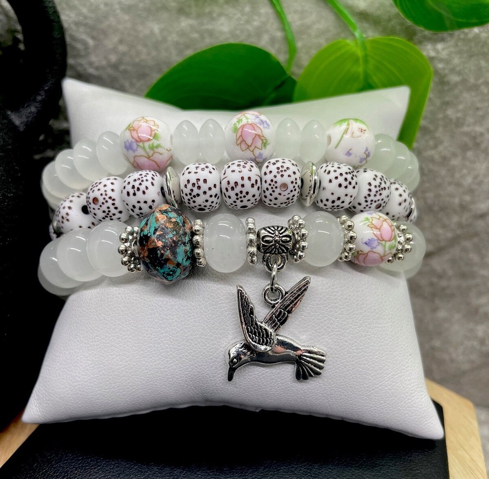 3 PC Handmade Boho  Beaded Stackable 7” Plus Stretch Bracelet Set New B5332