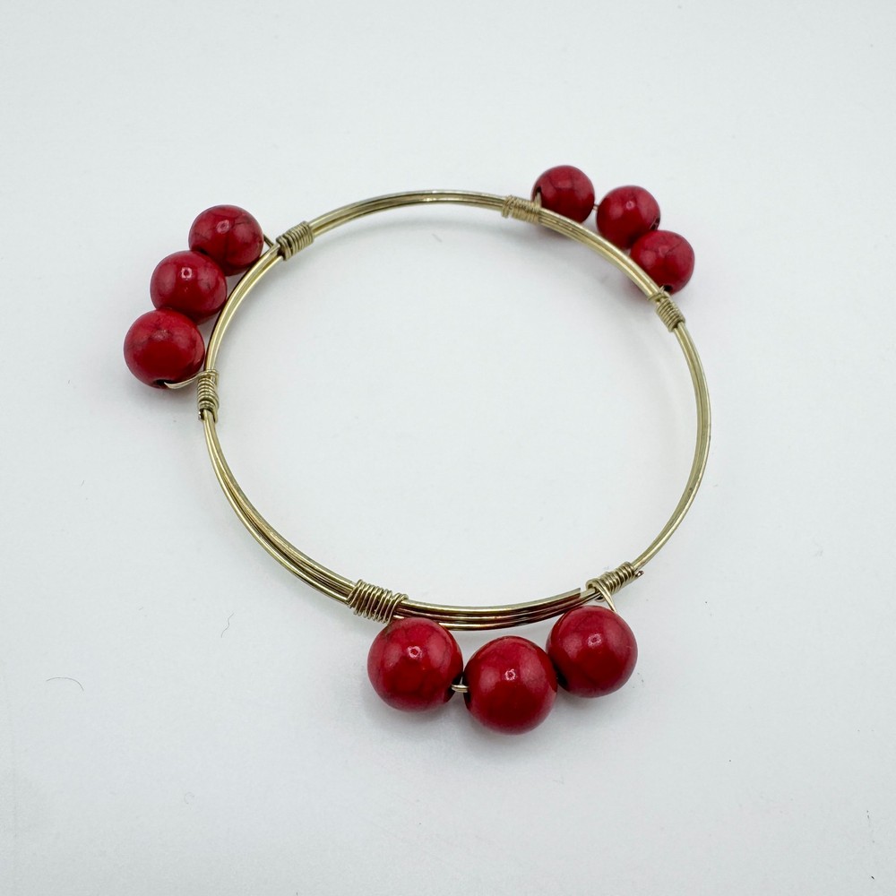 3 Bohemian Wire-Wrapped Beaded Bangle Bracelets Orange Amber Red Stackable Retro