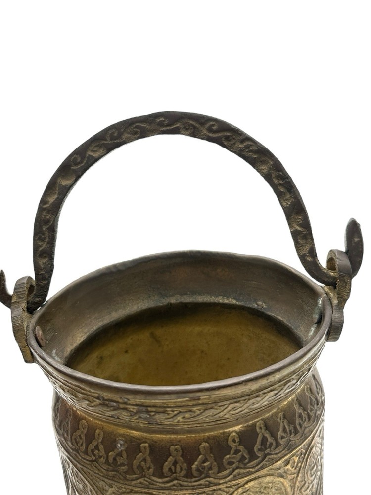 Antique Tooled Engraved Etched Solid Brass Middle Eastern Pot Bucket Handmade