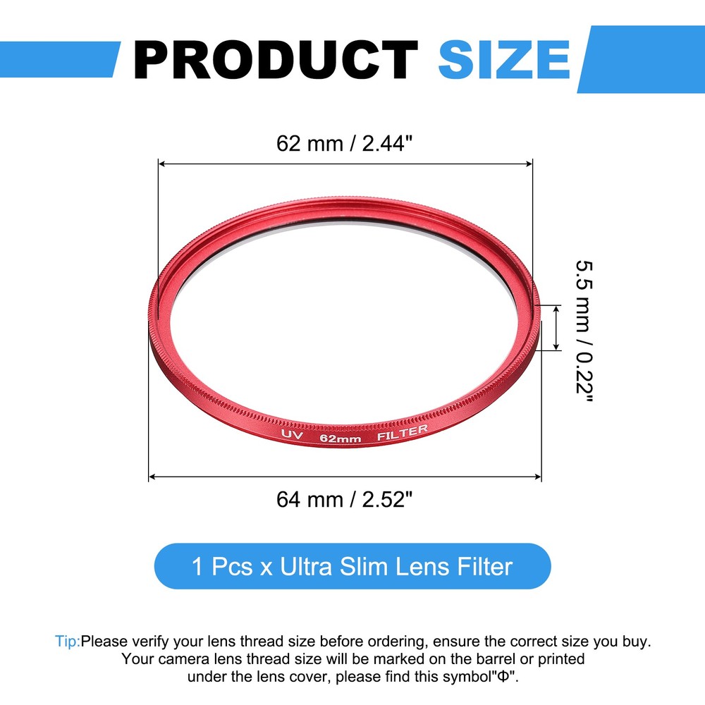 62mm Ultra Slim Lens Filter Multi Coating Camera Len Filter, Red